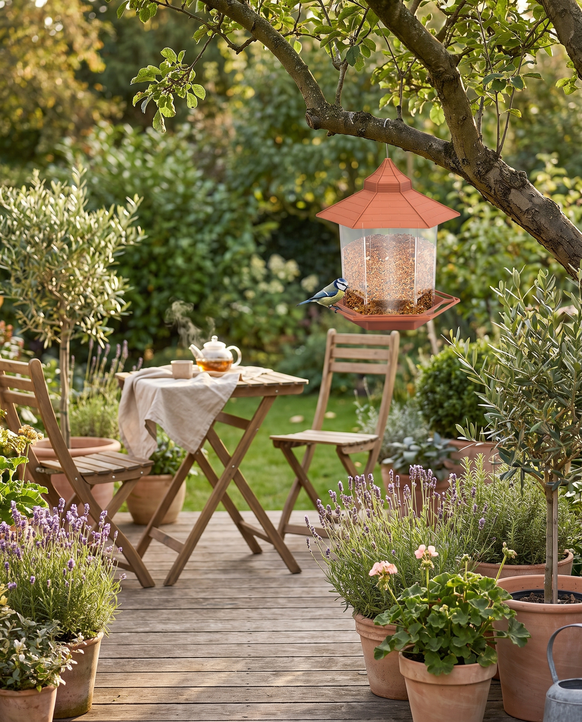 Tuin met hangend vogelhuisje