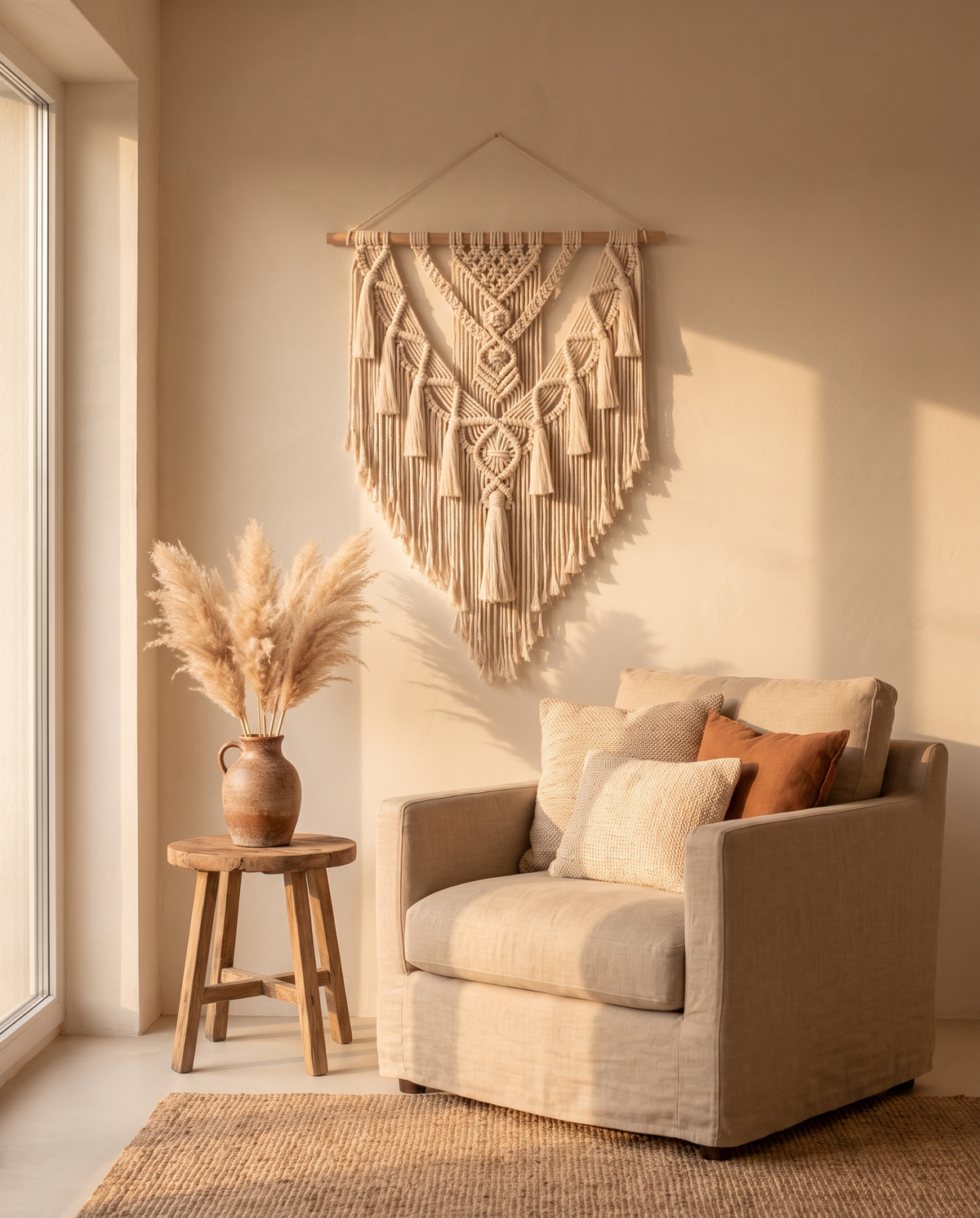 Warme woonkamer met macramé wandhanger