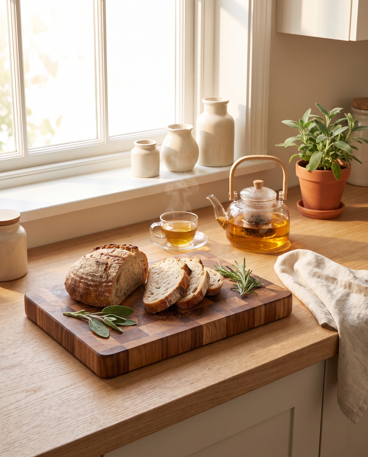 Keuken met acacia snijplank en glazen theepot