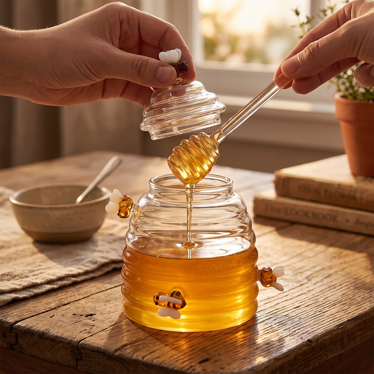 beehive-style glass honey jar with lid and dipper spoon