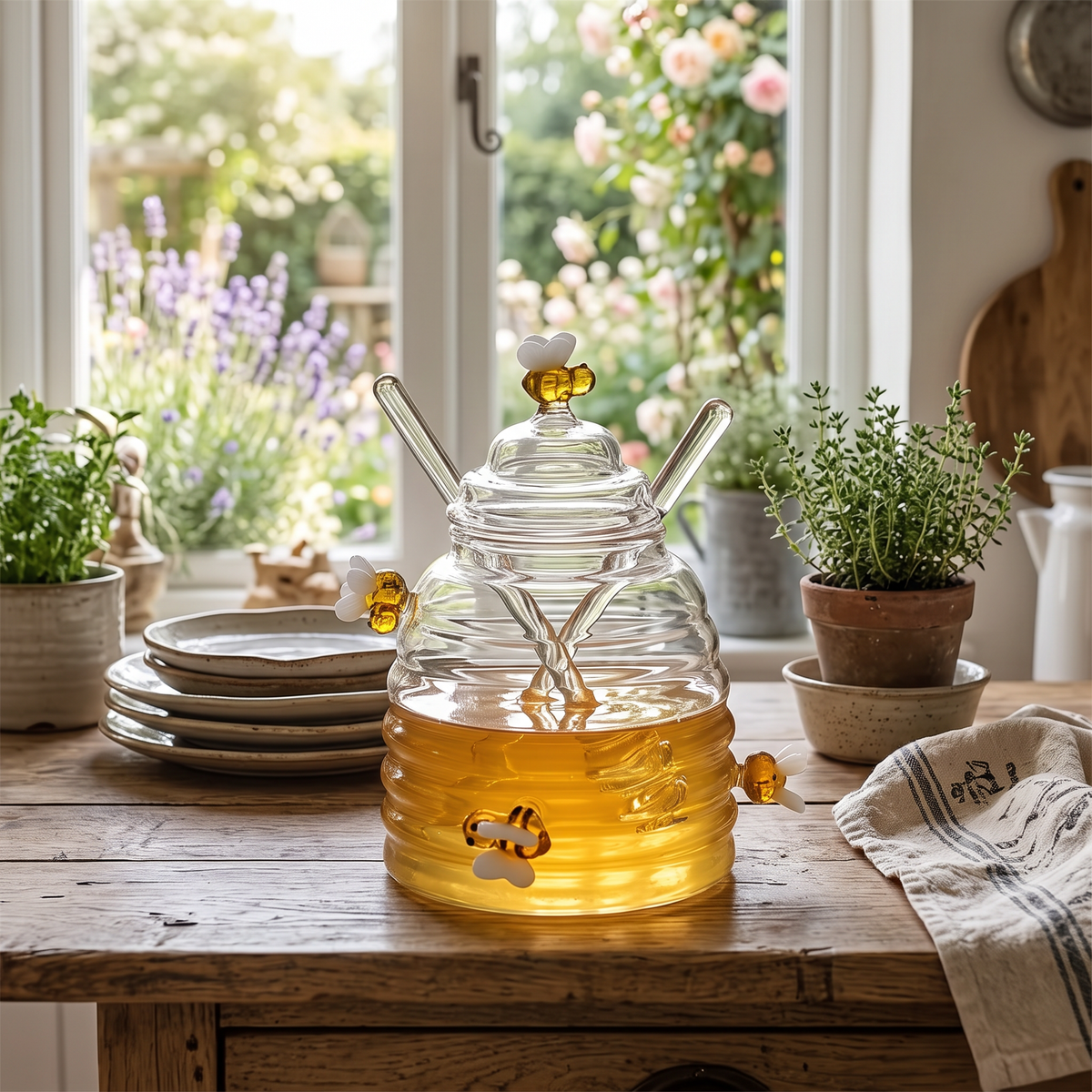 beehive-style glass honey jar with lid and dipper spoon