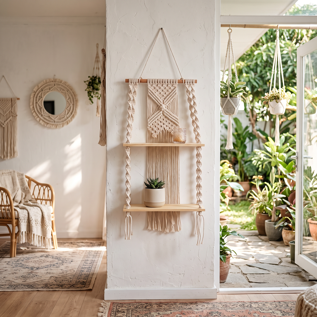 boho macrame hanging wall shelf