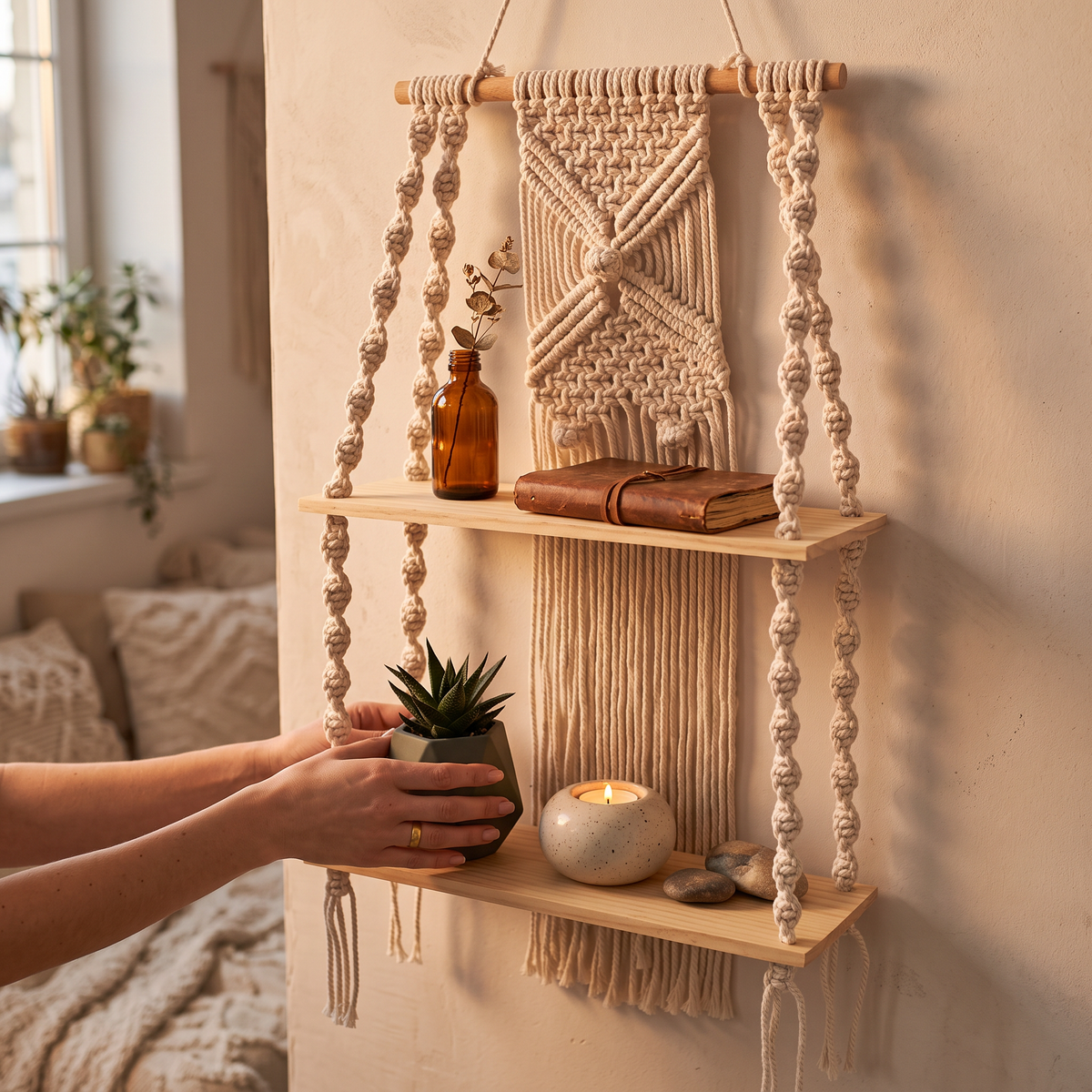 boho macrame hanging wall shelf