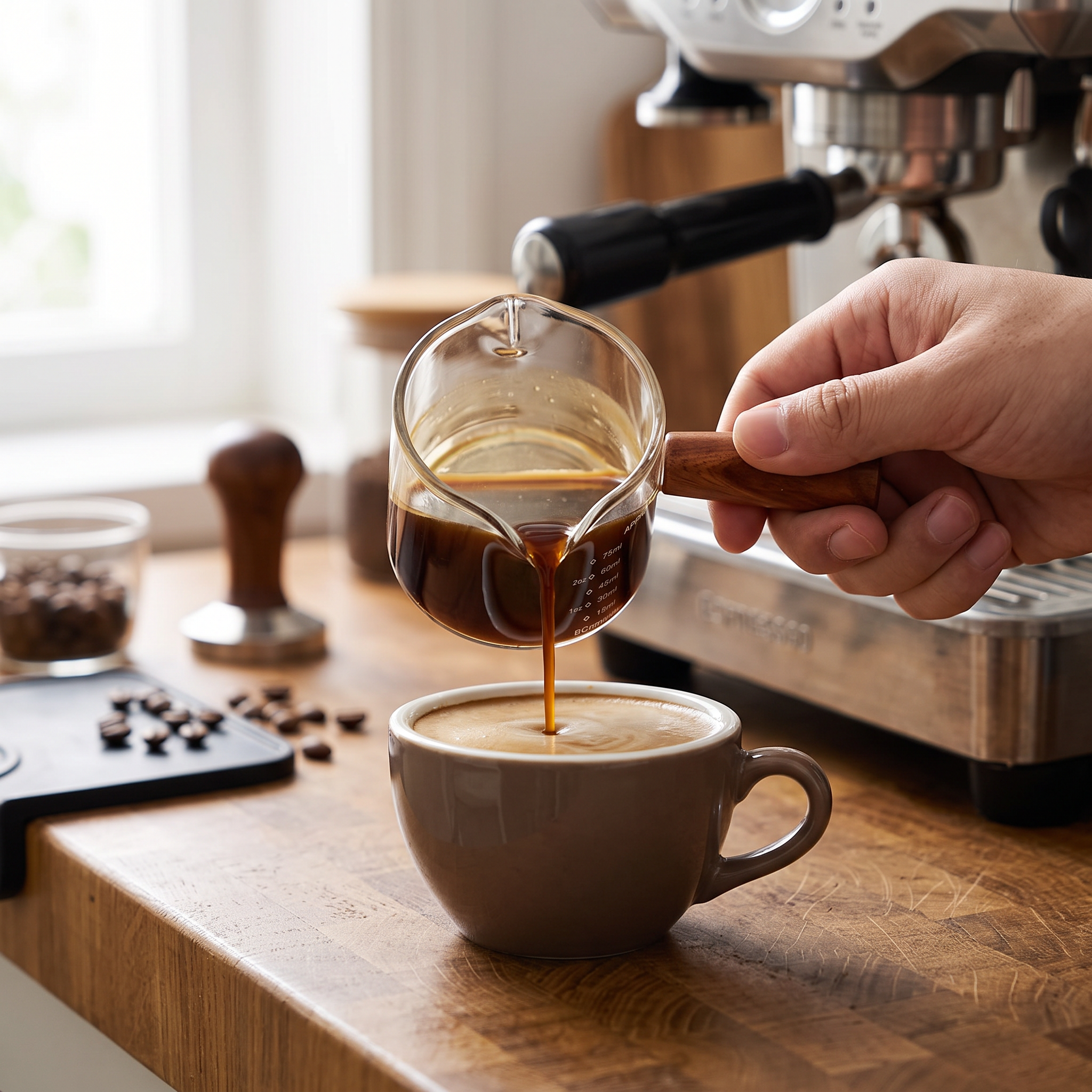 glass espresso measuring cup with double spout