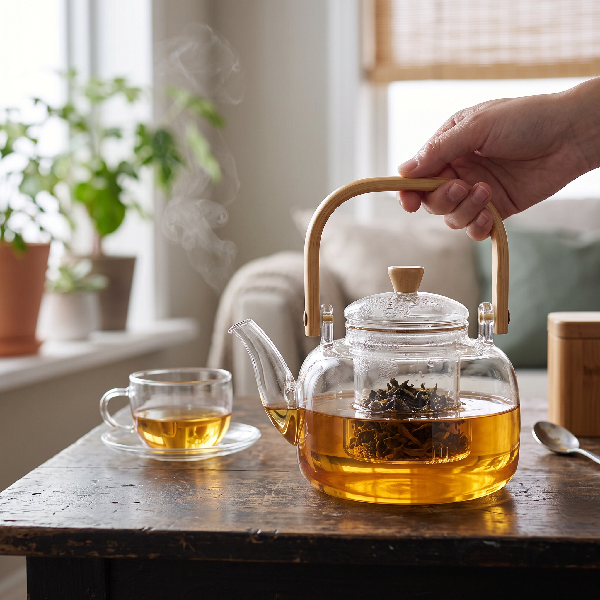 1000 ml glass teapot with wooden handle