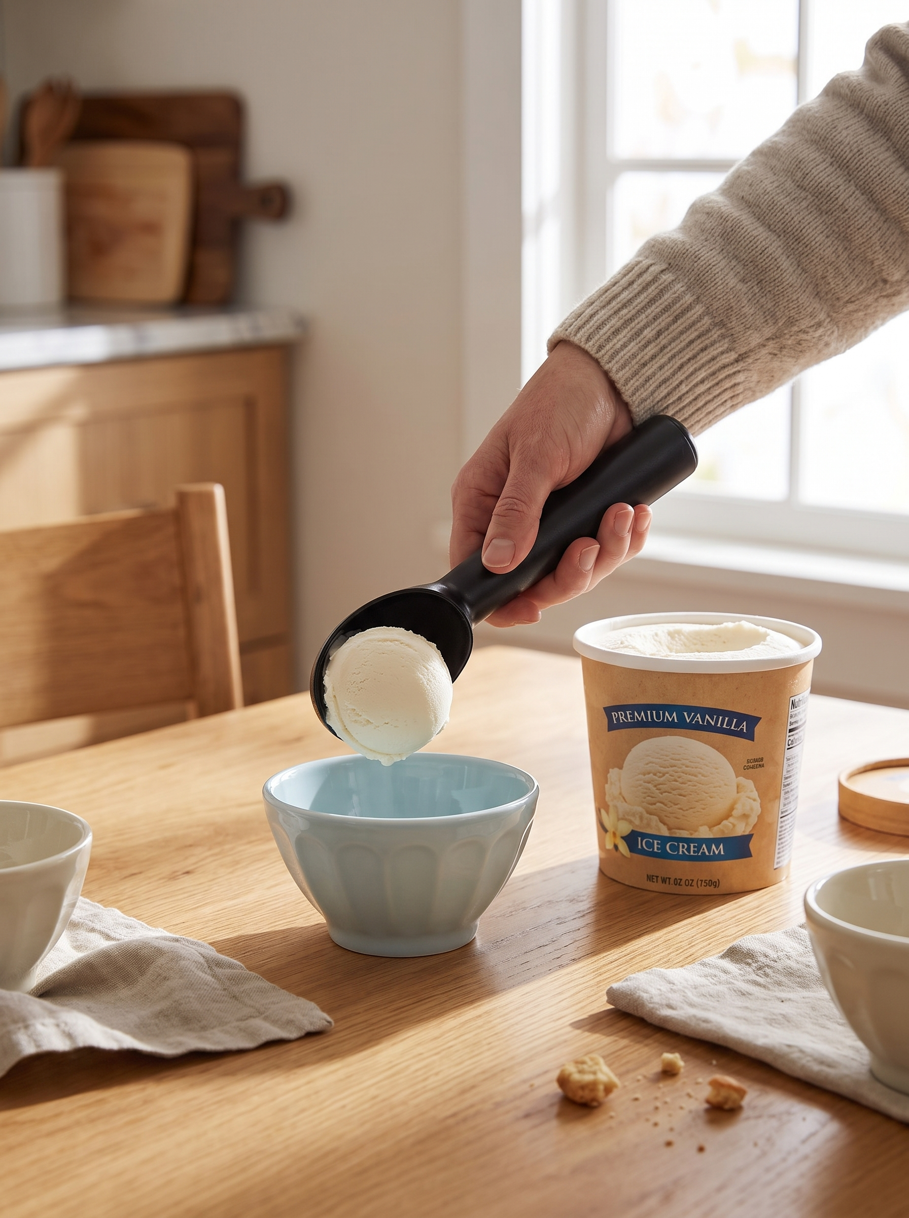 Non stick aluminium ice cream scoop releasing a round scoop into a bowl