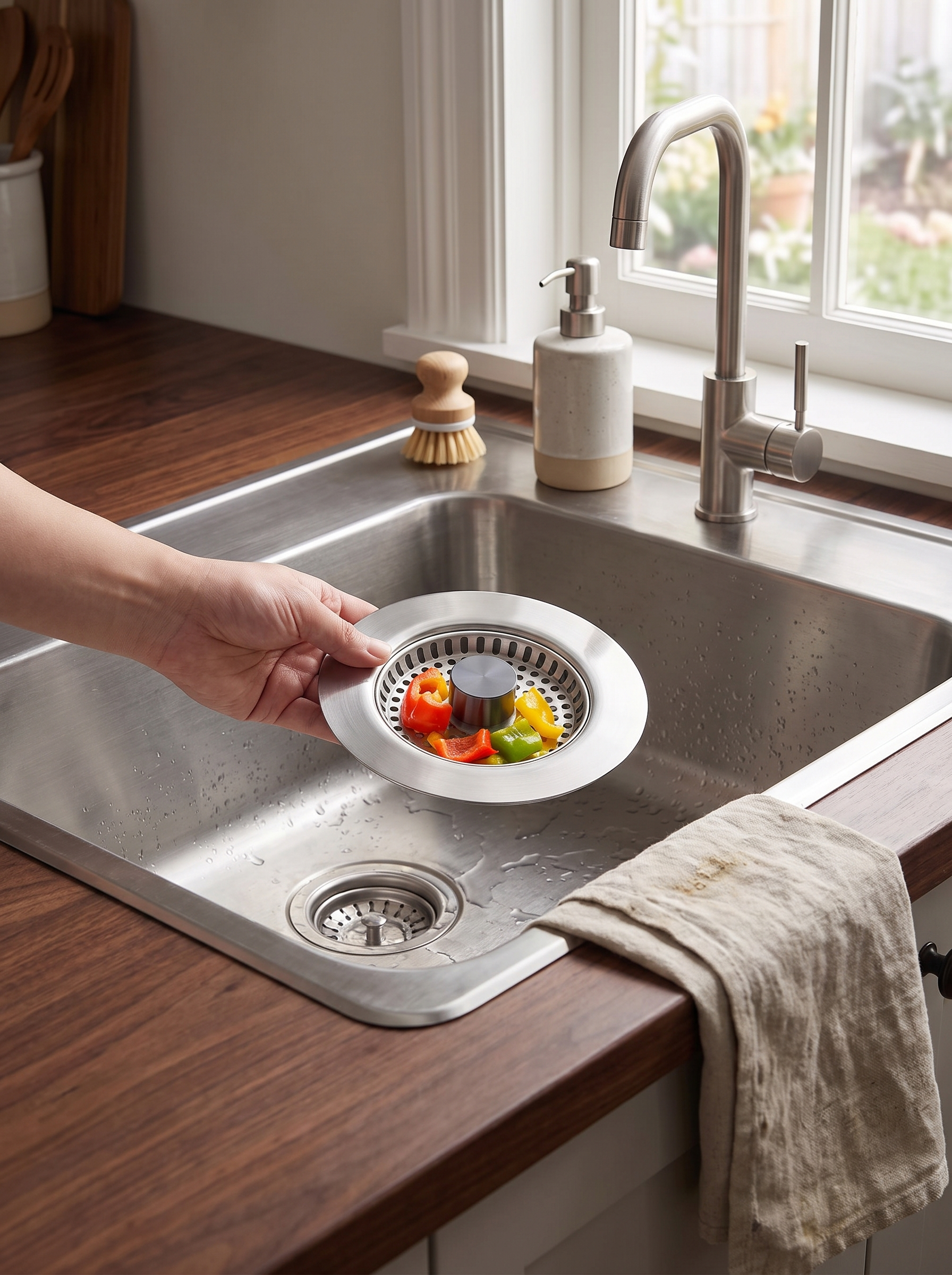 Pop-Up Stainless Steel Sink Strainer in use