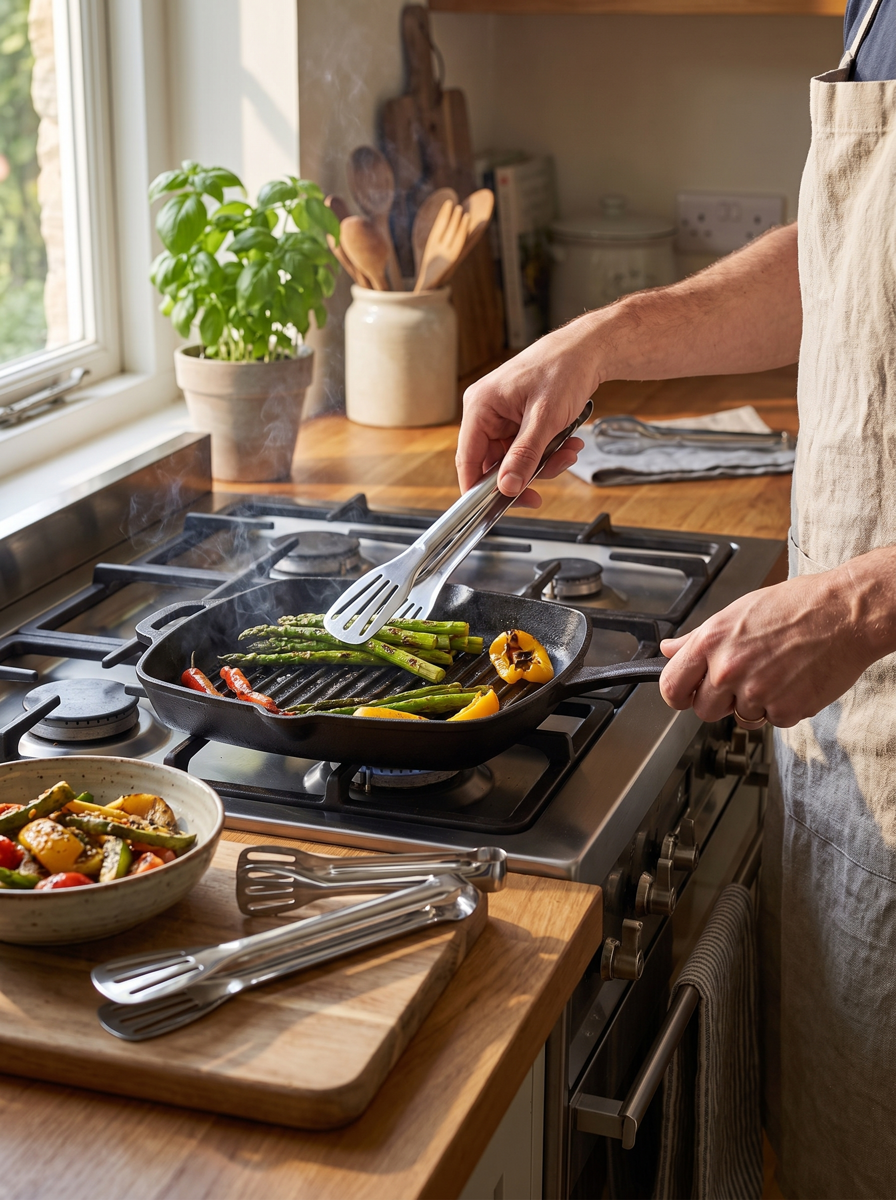 Stainless Steel Kitchen Tongs in use