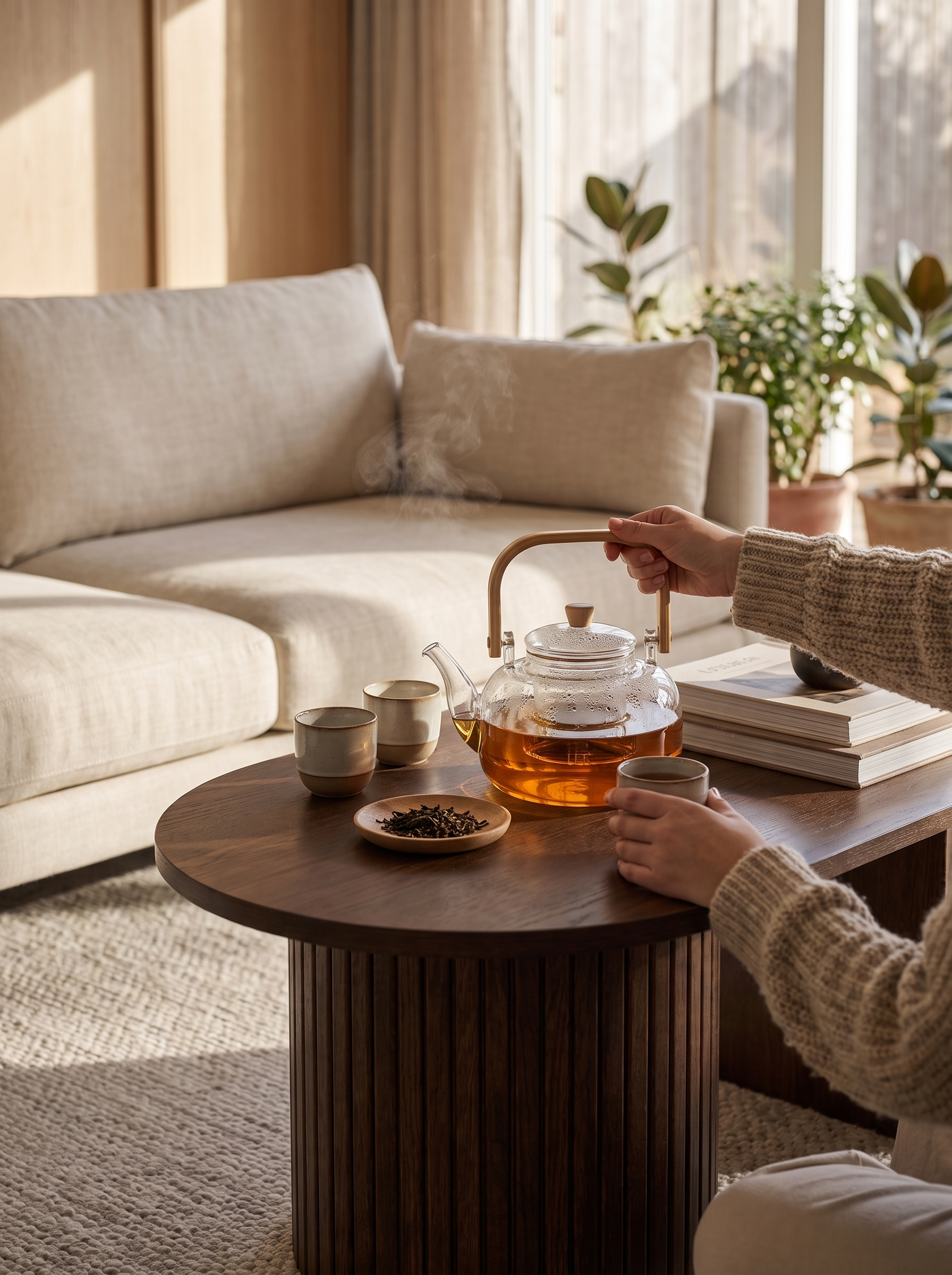 Glass Teapot 1000 ml with Wooden Handle in use