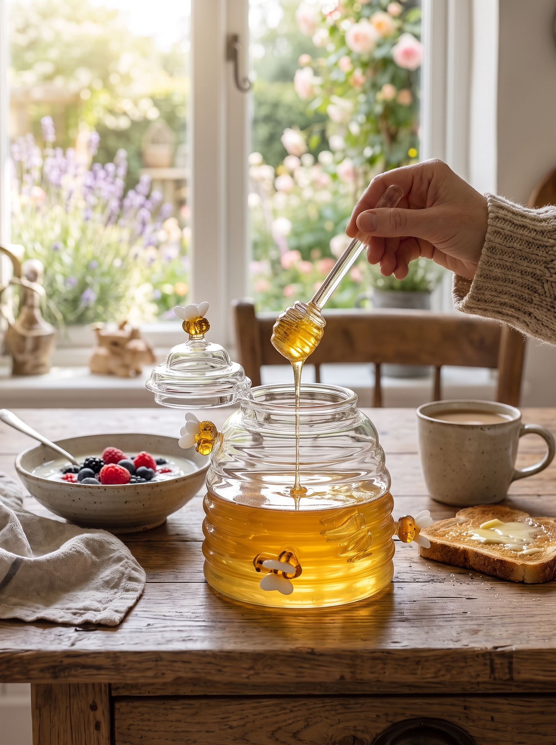 Glass Honey Jar with Dipper and Lid in use