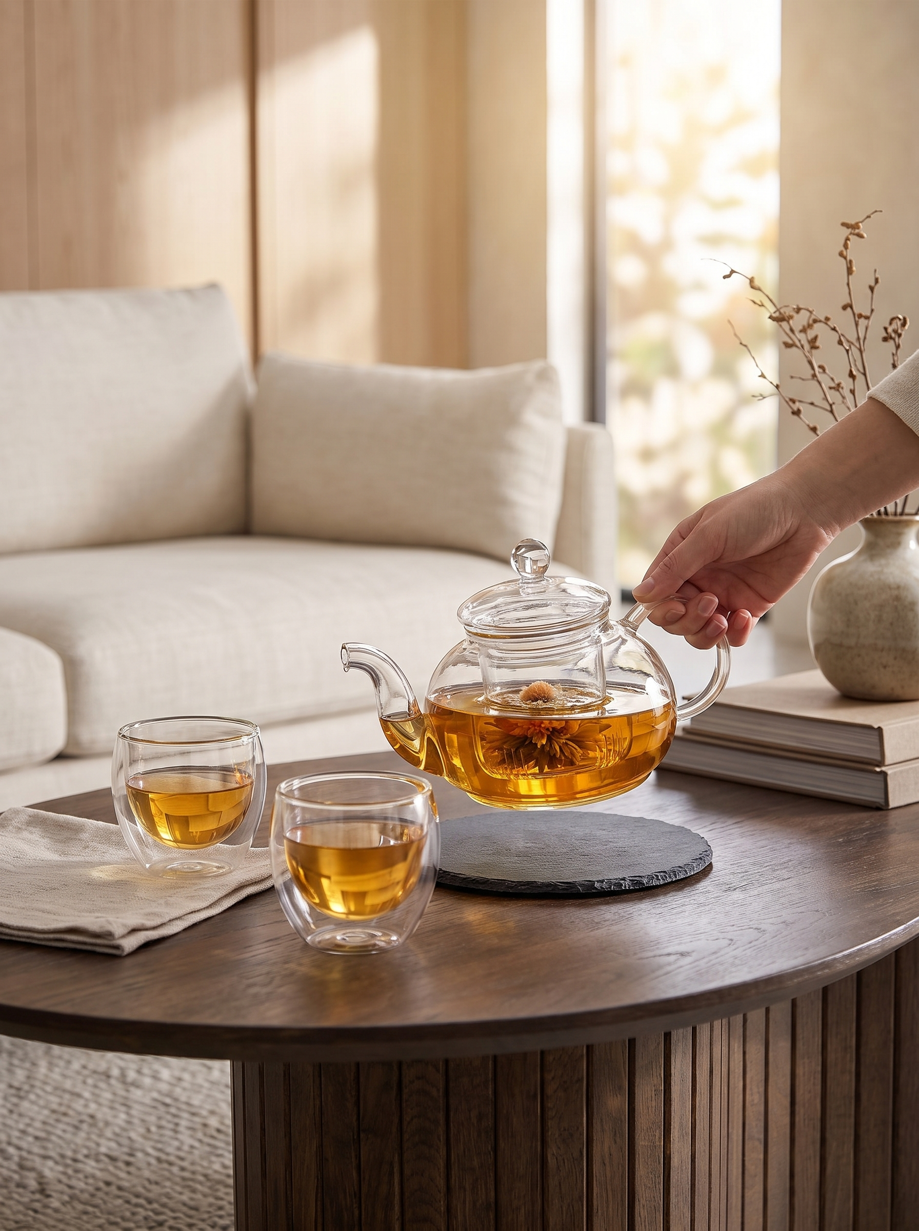 Borosilicate Glass Teapot 600 ml with Infuser in use
