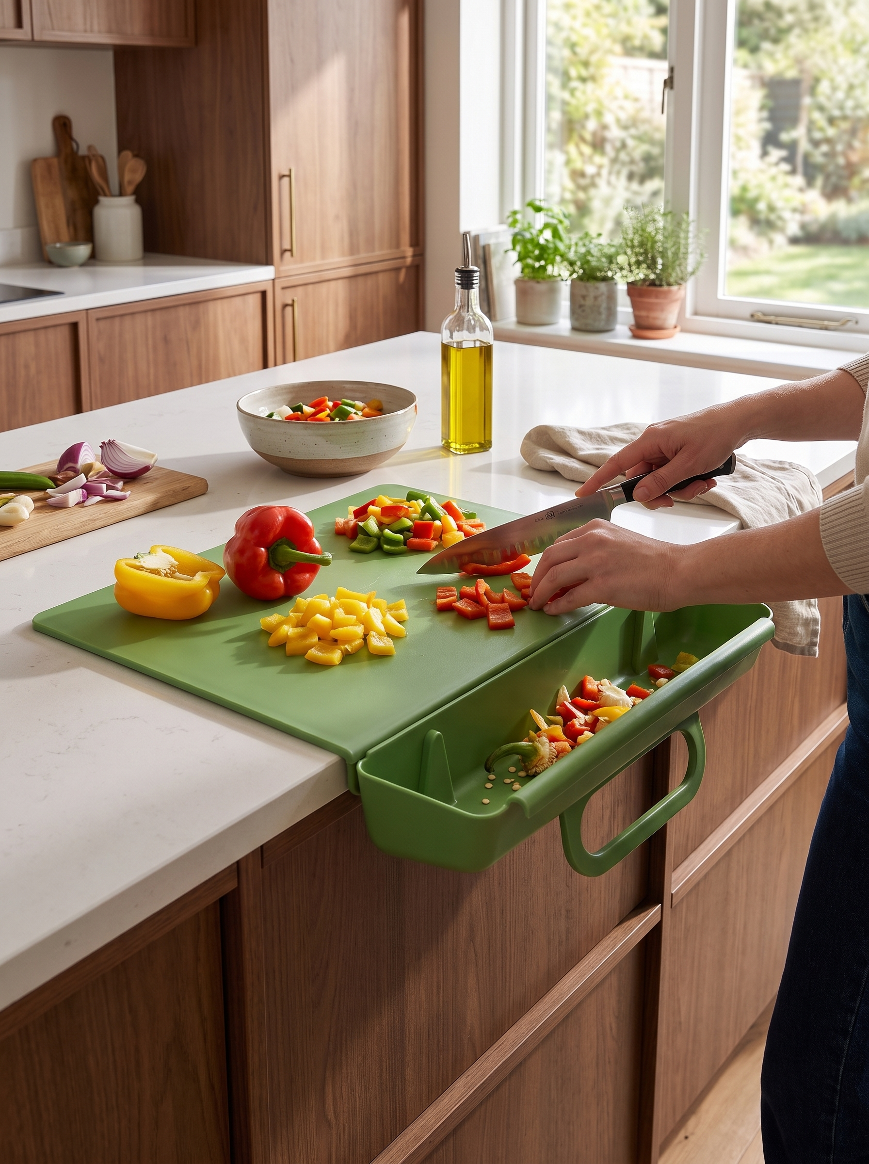 2-in-1 Cutting Board with Storage Tray in use