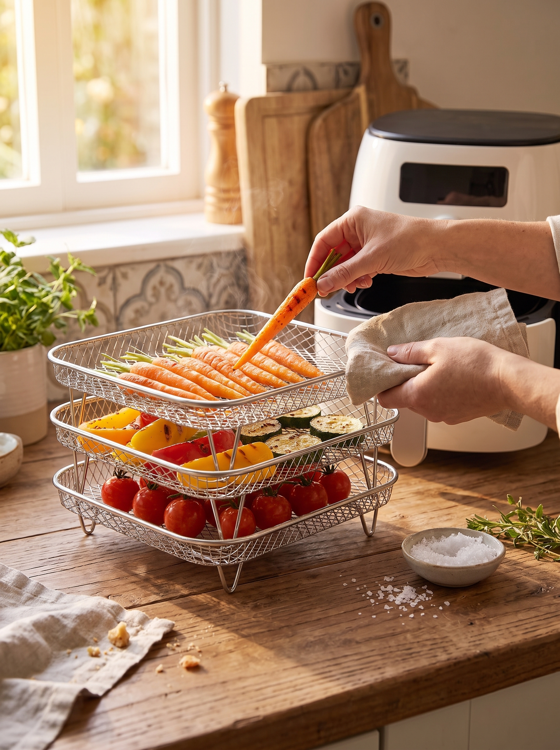 Stackable Stainless Steel Air Fryer Rack in use