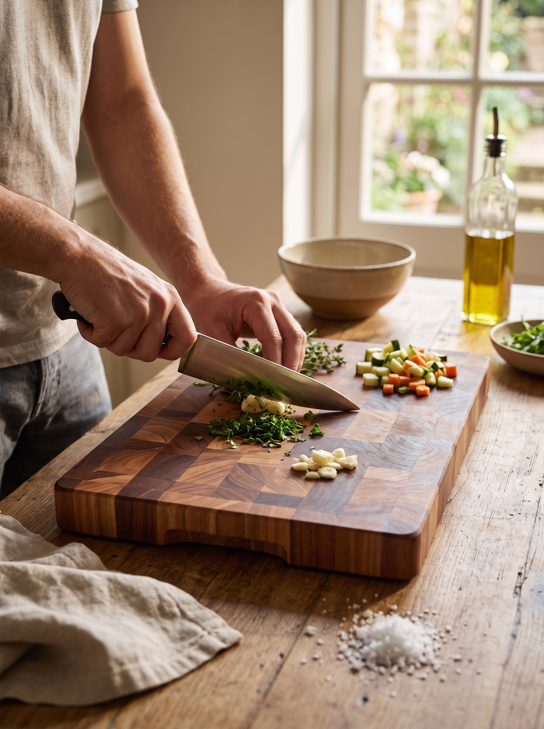 Acacia Wood Cutting Board in use