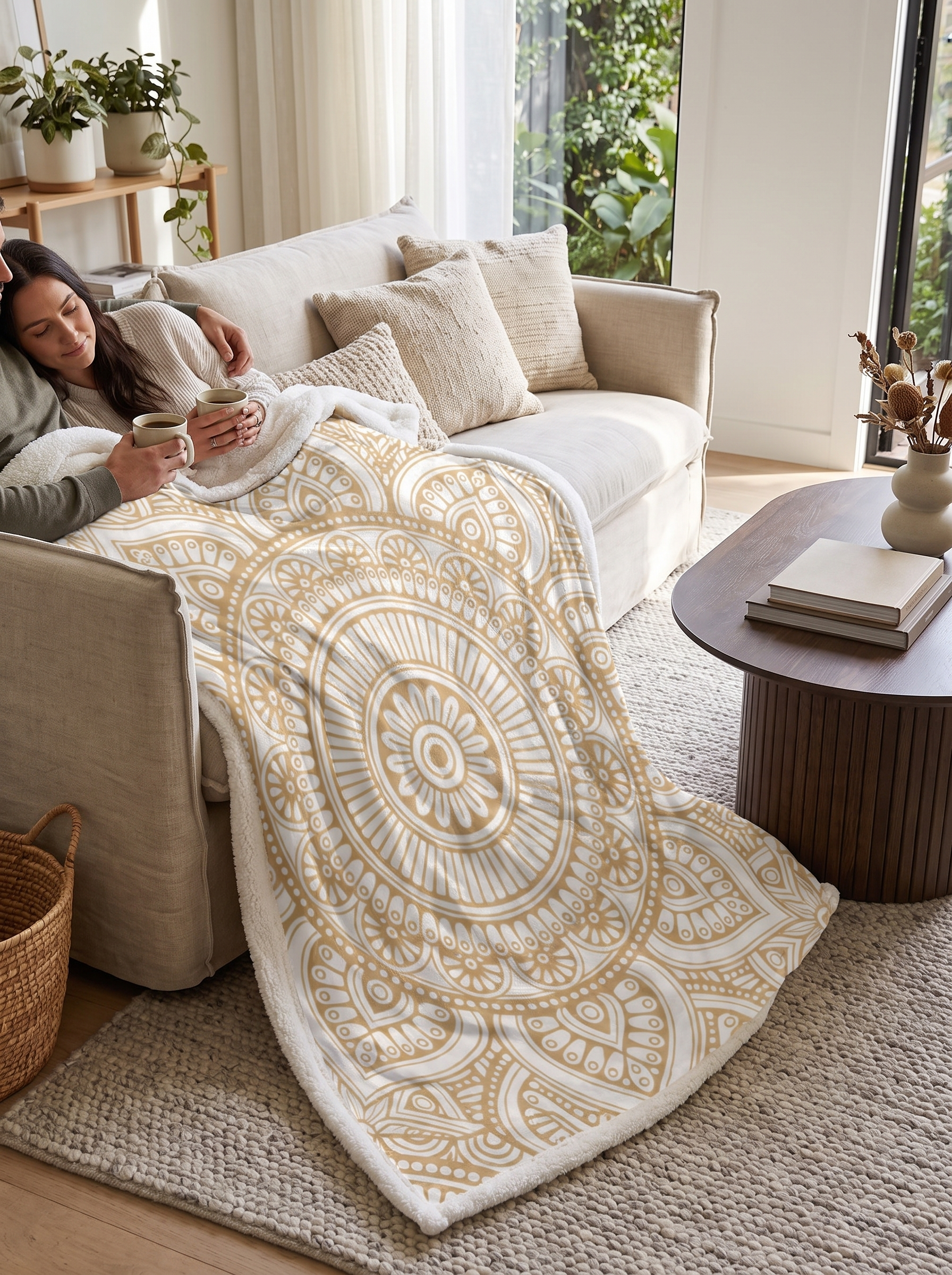 Gold Mandala Fleece Throw Blanket in use