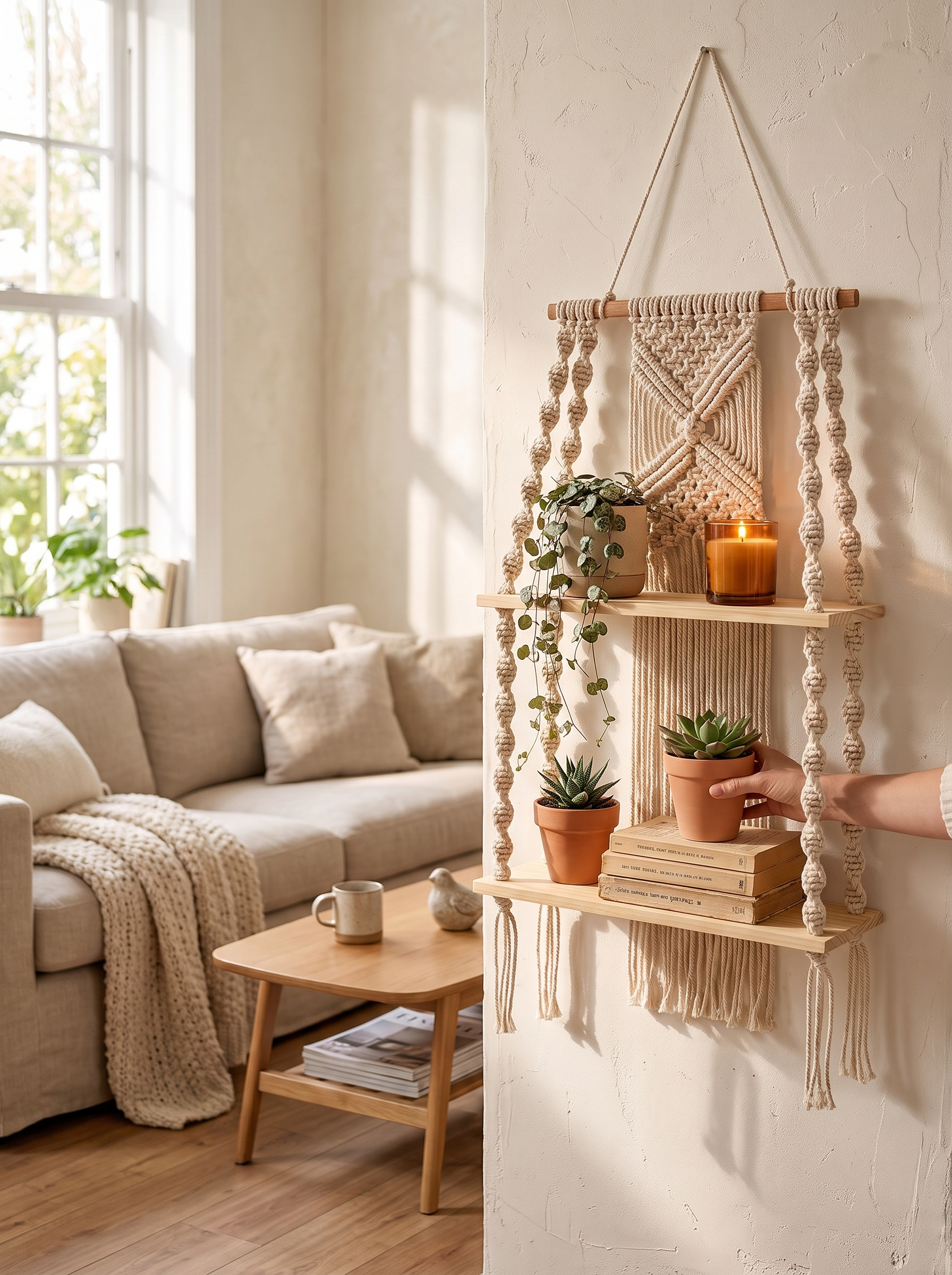 Macrame 2-Tier Hanging Wall Shelf in use