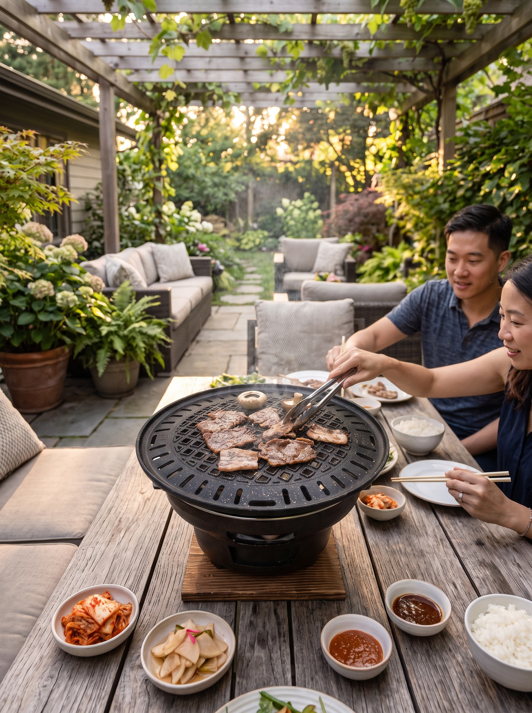 Cast Iron Korean BBQ Grill Pan in use