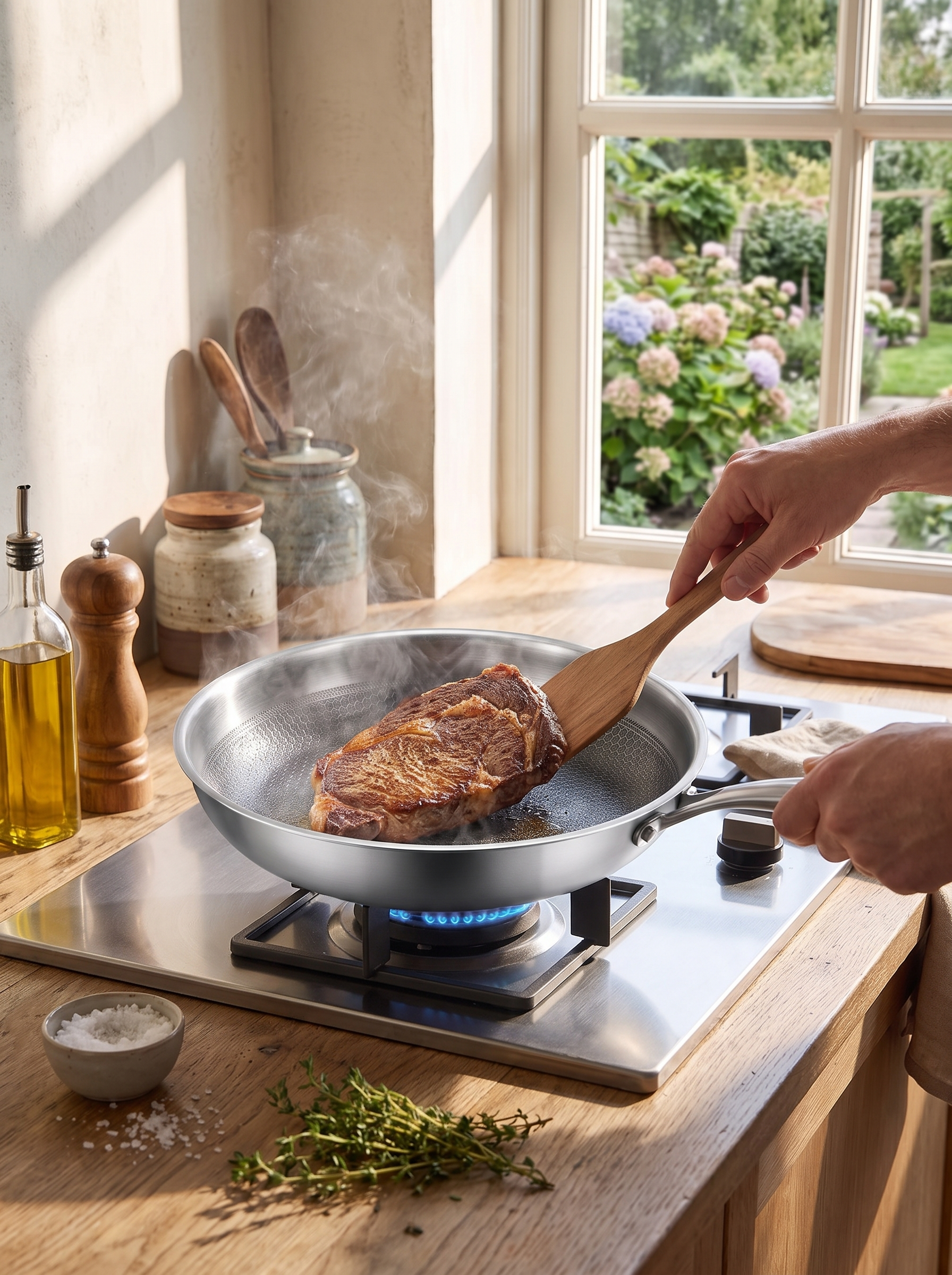 Titanium Stainless Steel Frying Pan 30 cm in use