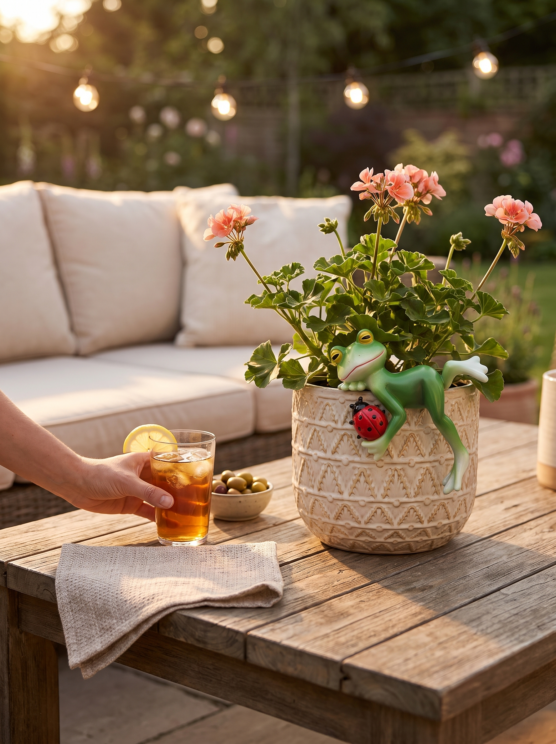 Frog and Wine Glass Garden Ornament in use