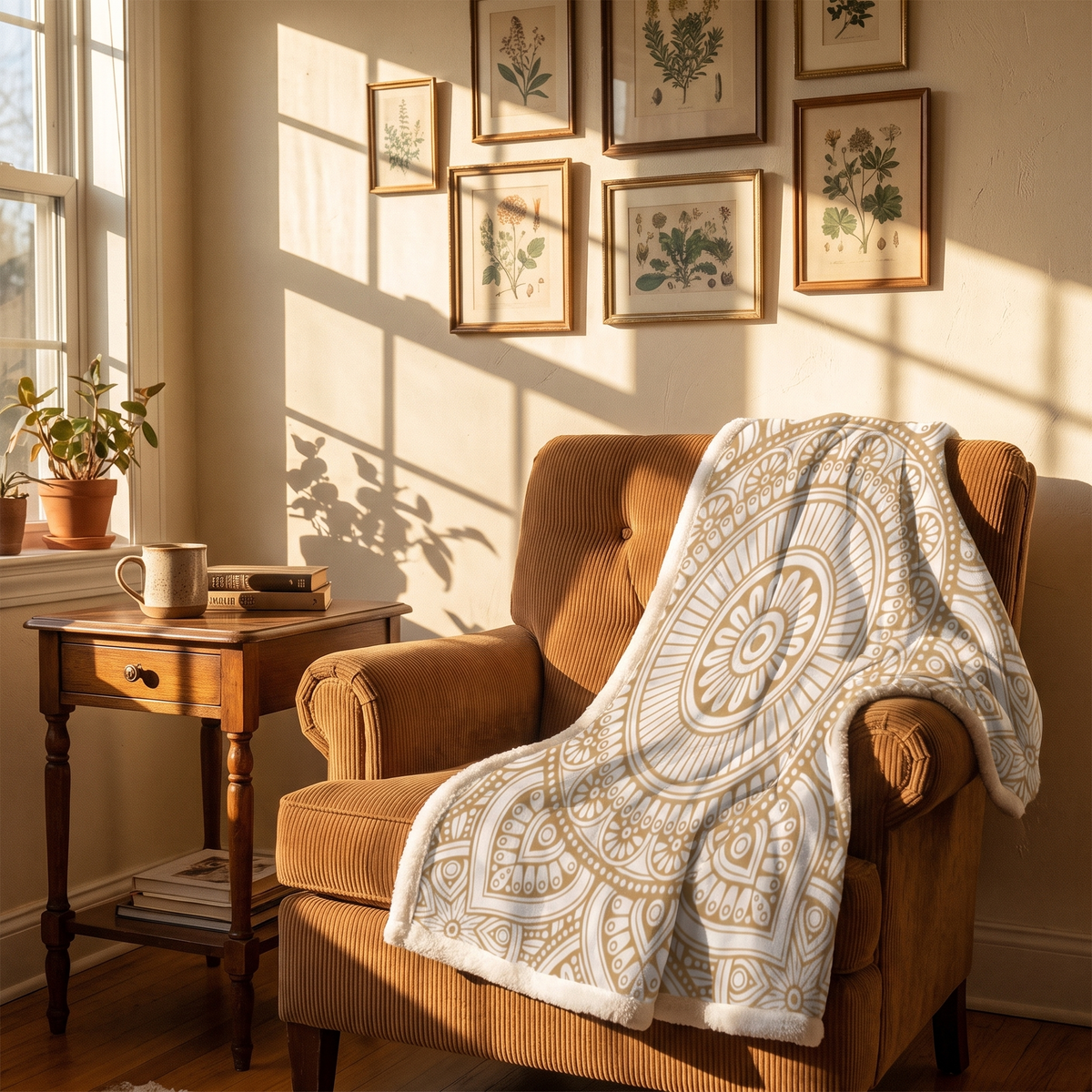 Livora Home fauteuil met gouden mandala plaid